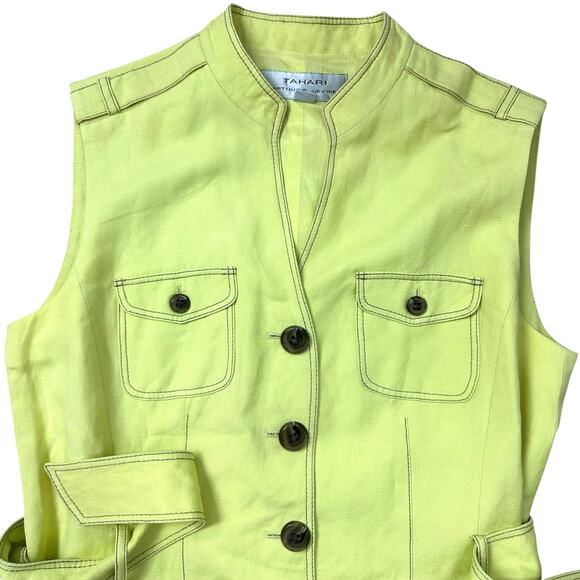 Tahari Arthur S Levine Linen Blend Lime Green Belted Pocket Vest Size 8 - Picture 6 of 13